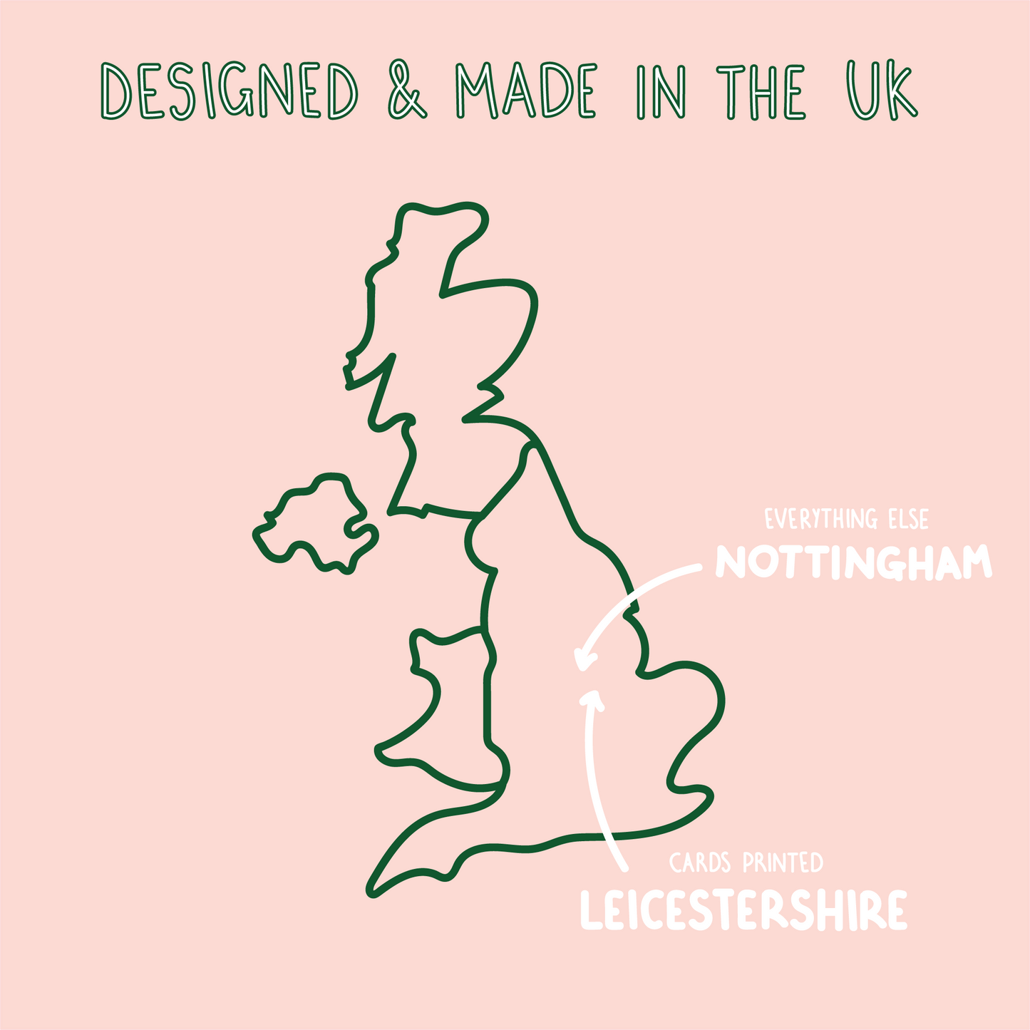 a map showing where our products are made. It shows everything is designed in Nottingham and our cards are printed in Leicestershire